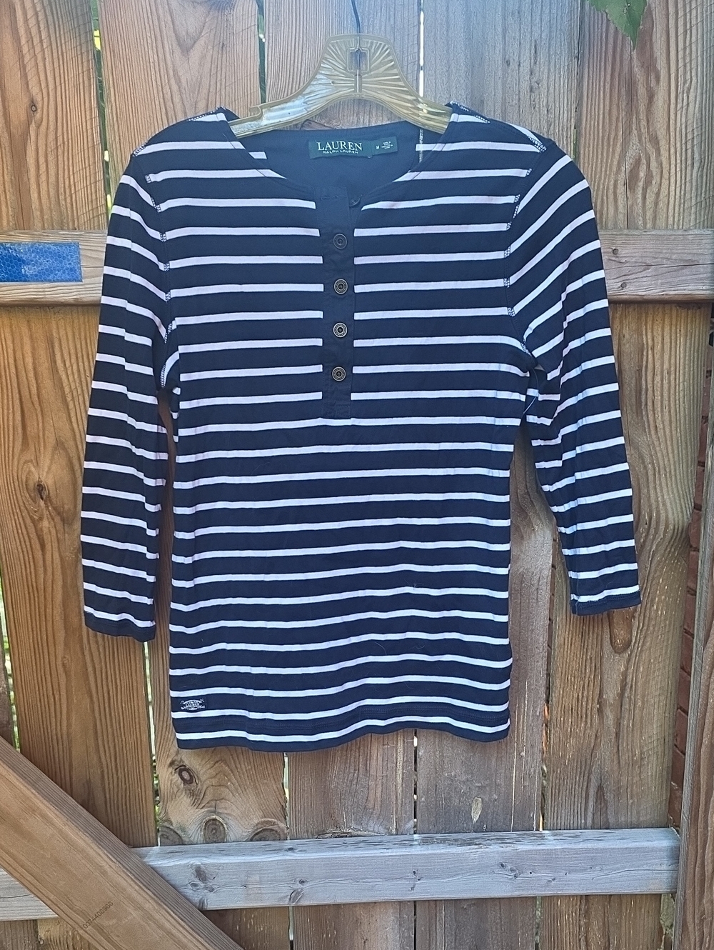Lauren Ralph Lauren Navy & White Striped Henley Long Sleeve Top